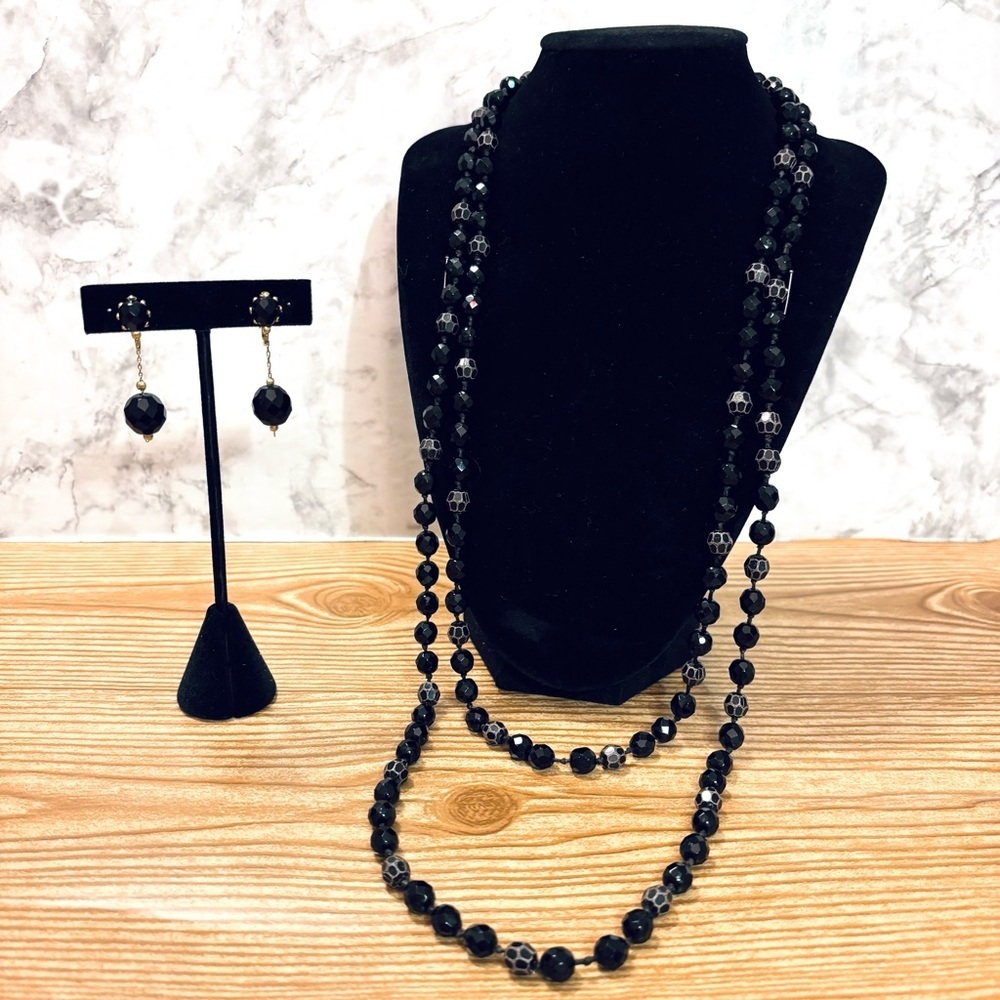 Vintage 1950s Austrian Necklace and Earrings Set with Black Faceted Glass Beads